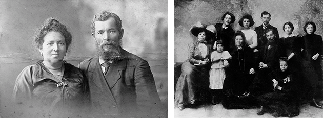 Portrait of the artist’s parents, Zahar and Feiga-Ida Chagall. Image: ©Archives Marc and Ida Chagall, Paris [right] The Chagall Family in Vitebsk, c. 1908-1909. Image: ©Archives Marc and Ida Chagall, Paris
